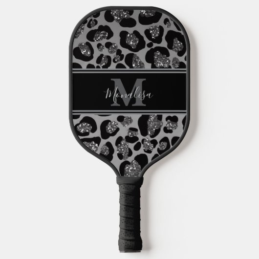 silver and black glittery monogramed personalized pickleball paddle (Voorkant)