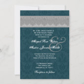 Silver and Blauwgroen Damask Ribbon Monogram Weddi Kaart (Voorkant)