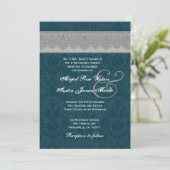 Silver and Blauwgroen Damask Ribbon Monogram Weddi Kaart (Staand voorkant)