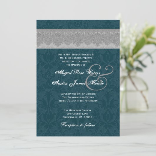 Silver and Blauwgroen Damask Ribbon Monogram Weddi Kaart (Staand voorkant)
