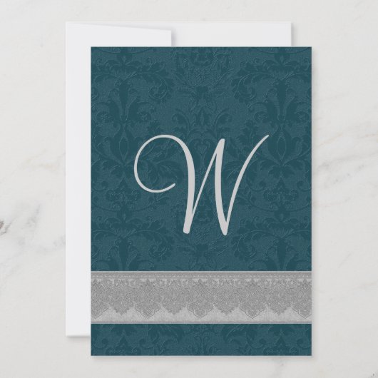 Silver and Blauwgroen Damask Ribbon Monogram Weddi Kaart (Achterkant)