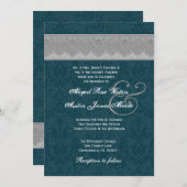 Silver and Blauwgroen Damask Ribbon Monogram Weddi Kaart (Voorkant / Achterkant)