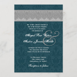 Silver and Blauwgroen Damask Ribbon Monogram Weddi Kaart