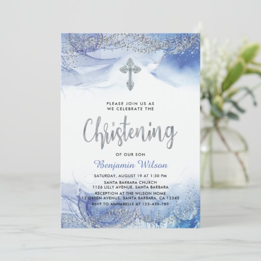 Silver and Blue Boy Christening Kaart (Staand voorkant)