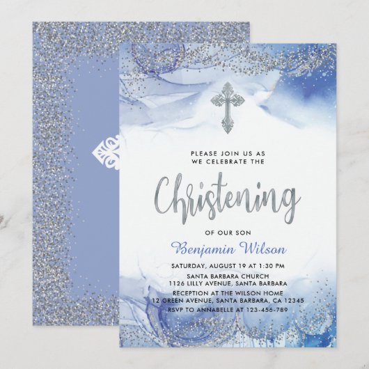 Silver and Blue Boy Christening Kaart (Voorkant / Achterkant)