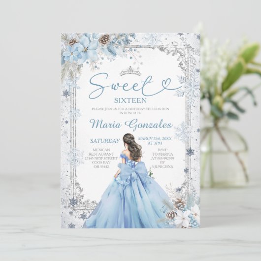 Silver and Blue Christmas Sweet Sixteen Birthday Kaart (Staand voorkant)