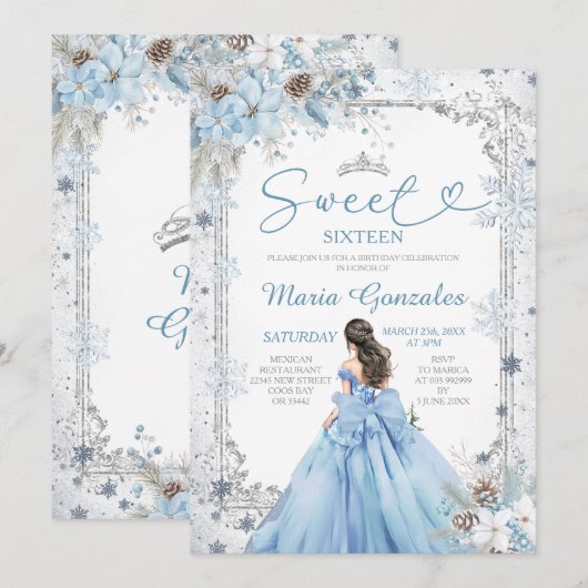 Silver and Blue Christmas Sweet Sixteen Birthday Kaart (Voorkant / Achterkant)