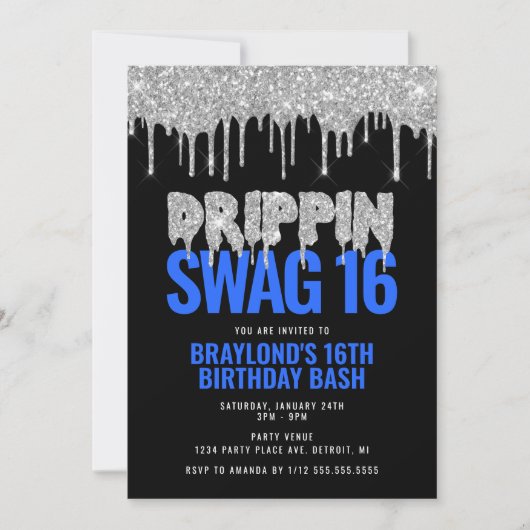 Silver and Blue Drippin Swag 16 Birthday Kaart (Voorkant)