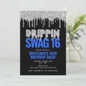 Silver and Blue Drippin Swag 16 Birthday Kaart (Staand voorkant)