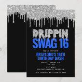 Silver and Blue Drippin Swag 16 Birthday Kaart (Voorkant / Achterkant)