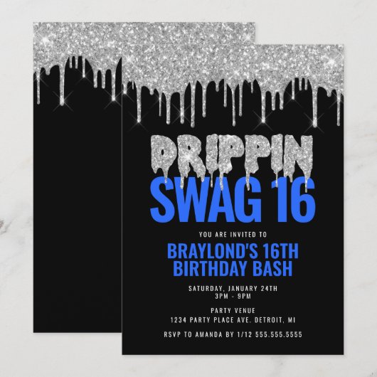 Silver and Blue Drippin Swag 16 Birthday Kaart (Voorkant / Achterkant)