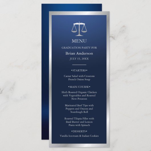 Silver and Blue Justice Logo Law School Afstuderen Menu (Voorkant / Achterkant)
