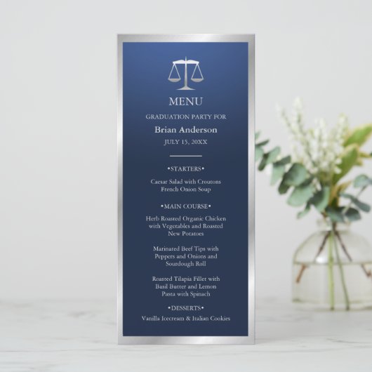 Silver and Blue Justice Logo Law School Afstuderen Menu (Staand voorkant)