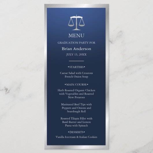 Silver and Blue Justice Logo Law School Afstuderen Menu (Voorkant)