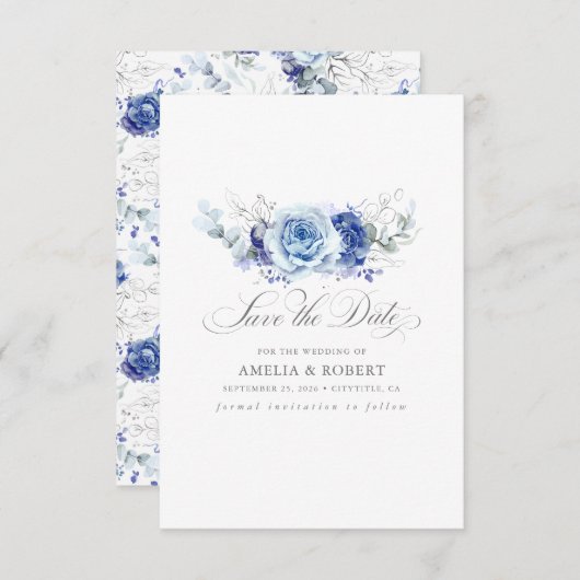 Silver and Dusty Blue Floral Save the Date (Voorkant / Achterkant)