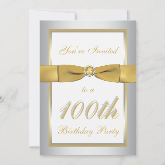 Silver and Gold 100th Birthday Invitation Kaart (Voorkant)