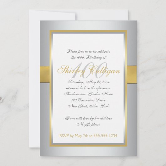 Silver and Gold 100th Birthday Invitation Kaart (Achterkant)