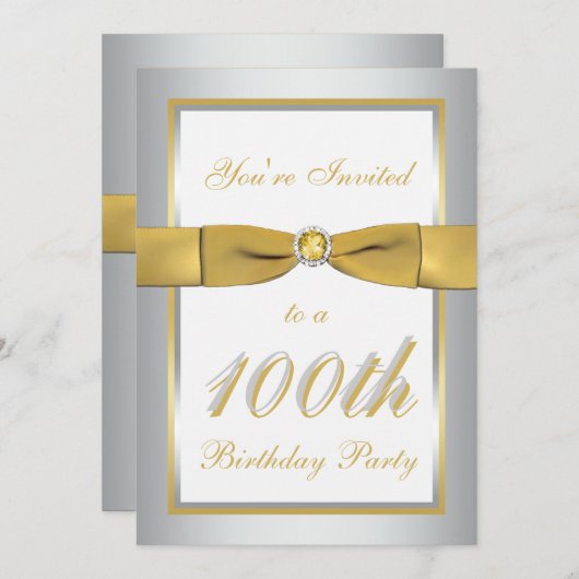 Silver and Gold 100th Birthday Invitation Kaart (Voorkant / Achterkant)