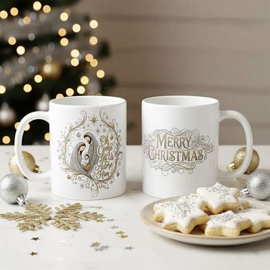 Silver and gold nativity Christmas Koffiemok