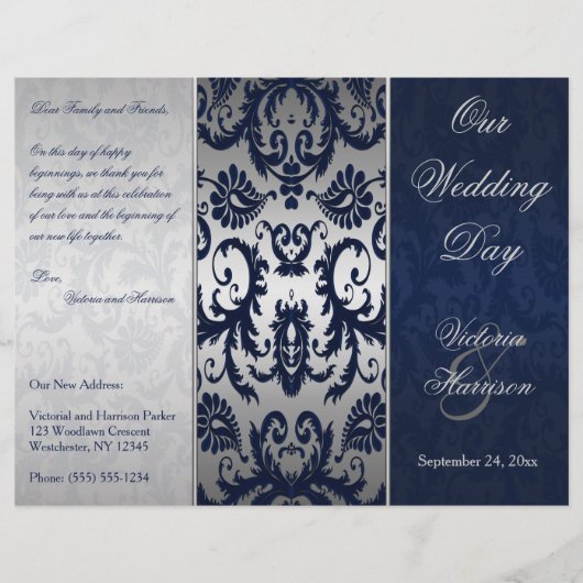 Silver and Navy Blue Damask Wedding Program (Voorkant)