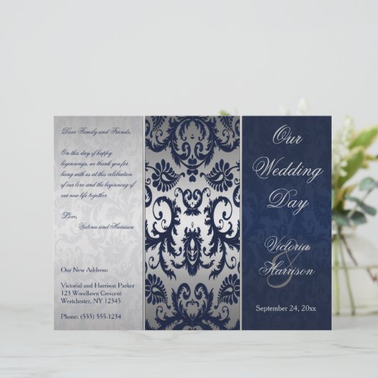 Silver and Navy Blue Damask Wedding Program (Staand voorkant)