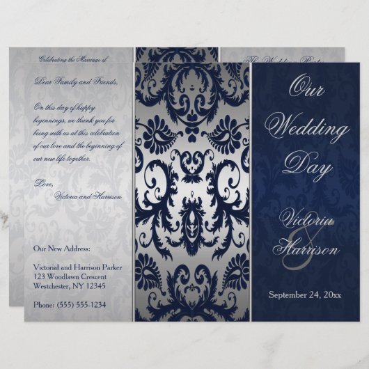 Silver and Navy Blue Damask Wedding Program (Voorkant / Achterkant)