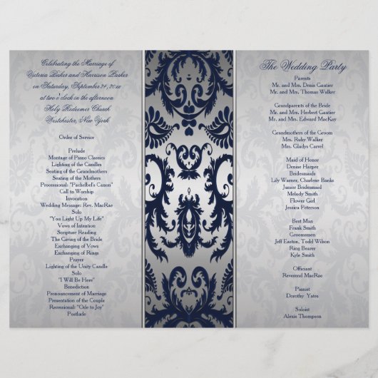 Silver and Navy Blue Damask Wedding Program (Achterkant)