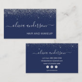Silver and Navy Blue Glitter Hair Makeup Salon Visitekaartje (Voorkant / Achterkant)