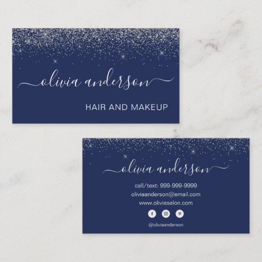 Silver and Navy Blue Glitter Hair Makeup Salon Visitekaartje (Voorkant / Achterkant)