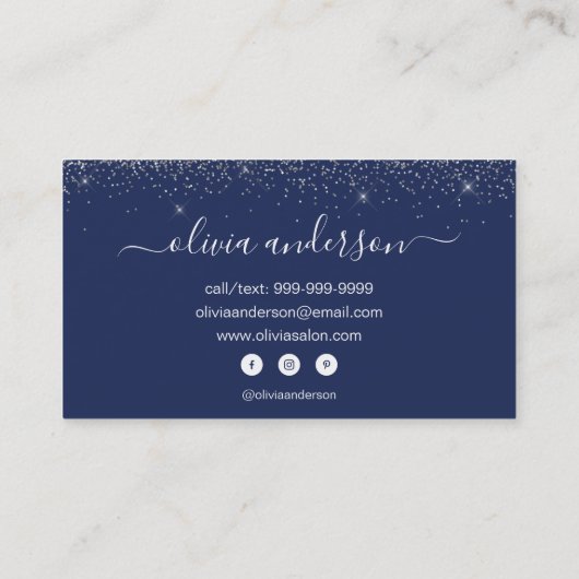 Silver and Navy Blue Glitter Hair Makeup Salon Visitekaartje (Achterkant)