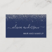 Silver and Navy Blue Glitter Hair Makeup Salon Visitekaartje (Voorkant)