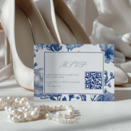 Silver And Navy Blue Wedding QR code RSVP Card Kaartje