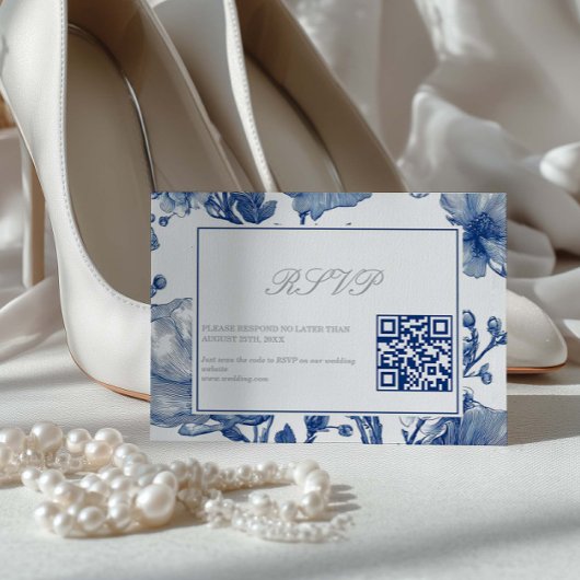 Silver And Navy Blue Wedding QR code RSVP Card Kaartje