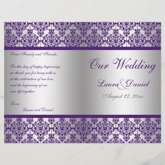 Silver and Paars Damask Wedding Programme (Voorkant)