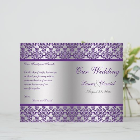 Silver and Paars Damask Wedding Programme (Staand voorkant)