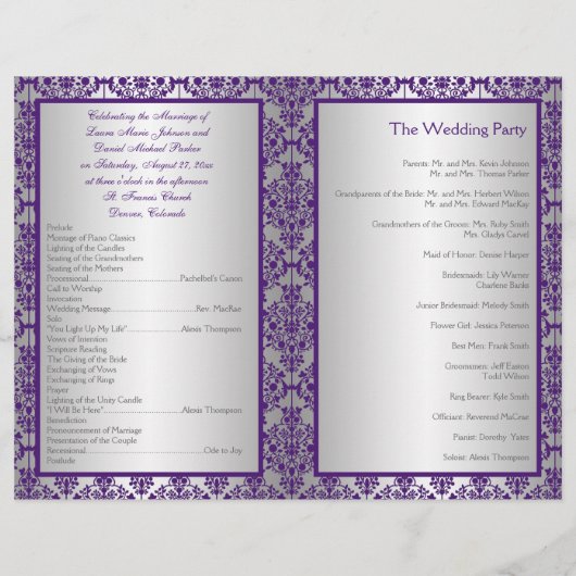 Silver and Paars Damask Wedding Programme II (Achterkant)