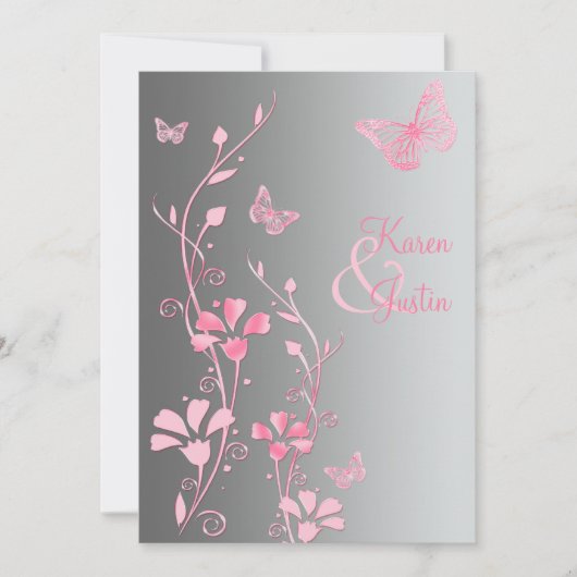 Silver and Pink Butterflies Wedding Kaart (Voorkant)