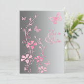 Silver and Pink Butterflies Wedding Kaart (Staand voorkant)