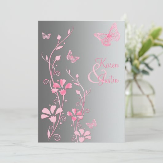 Silver and Pink Butterflies Wedding Kaart (Staand voorkant)