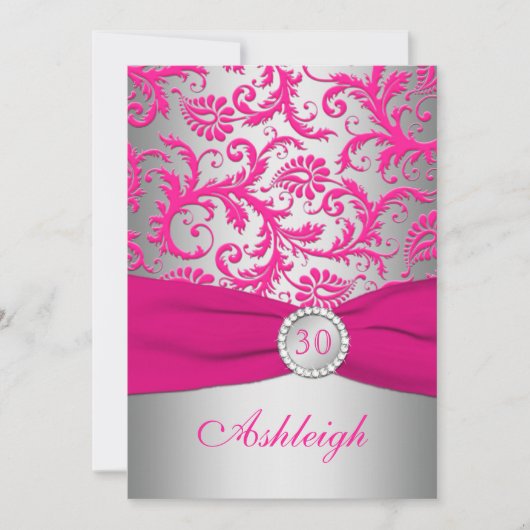 Silver and Pink Damask 30th Birthday Invitation Kaart (Voorkant)
