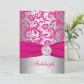 Silver and Pink Damask 30th Birthday Invitation Kaart (Staand voorkant)