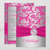 Silver and Pink Damask 30th Birthday Invitation Kaart (Voorkant / Achterkant)