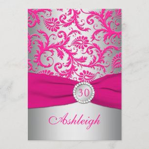 Silver and Pink Damask 30th Birthday Invitation Kaart