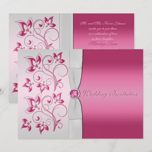 Silver and Pink Floral Invitation Kaart (Voorkant / Achterkant)