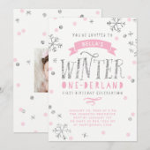 Silver and Pink Winter Onederland First Birthday Kaart (Voorkant / Achterkant)