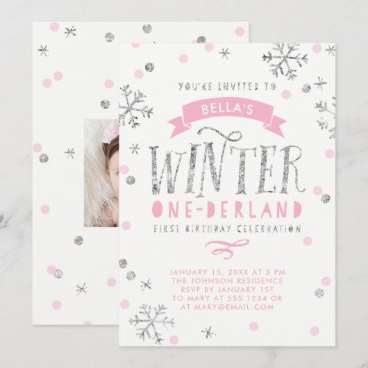 Silver and Pink Winter Onederland First Birthday Kaart (Voorkant / Achterkant)