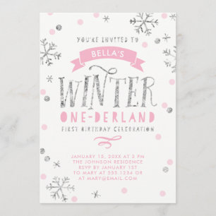 Silver and Pink Winter Onederland First Birthday Kaart