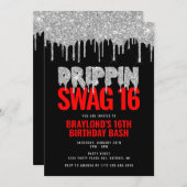 Silver and Red Drippin Swag 16 Birthday Kaart (Voorkant / Achterkant)