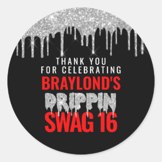 Silver and Red Drippin Swag 16 Birthday Ronde Sticker