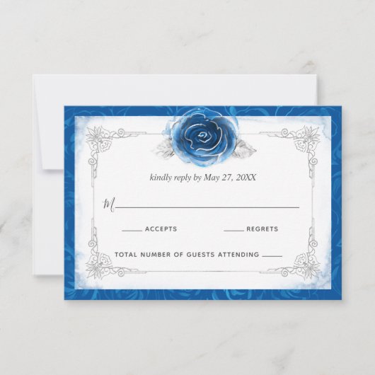 Silver and Royal Blue Rozen Elegant RSVP Kaartje (Voorkant)